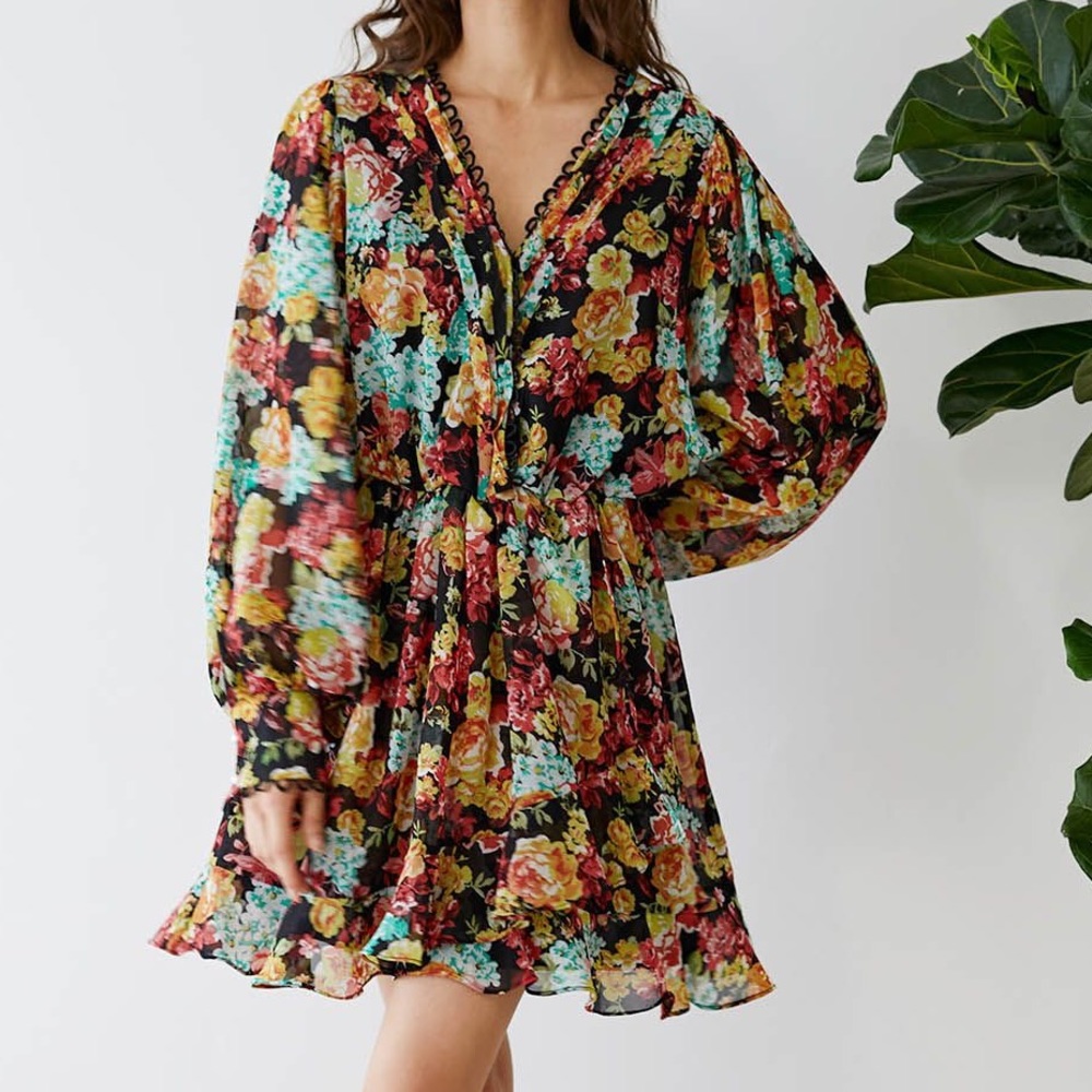 CHICWISH BOUQUET PRINTED RUFFLE CHIFFON MINI